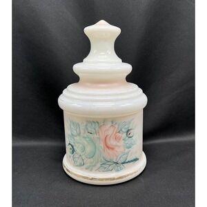 Vintage Milk Glass Apothecary Jar Hand Painted Pink Rose Vanity Canister Lid